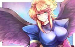 Rule 34 | 1girl, any813, blonde hair, breasts, breath of fire, breath of fire ii, closed mouth, feathered wings, green eyes, highres, large breasts, long hair, looking at viewer, nina (breath of fire ii), purple wings, solo, tagme, wings