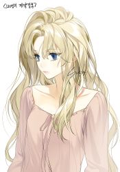 Rule 34 | 1girl, artist name, blonde hair, blue eyes, breasts, collarbone, commentary request, copyright request, looking to the side, messy hair, parted bangs, simple background, small breasts, solo, sukja, translation request, white background