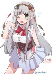 1girl atelier_(series) atelier_lulua bare_shoulders blunt_bangs blush bow bowtie breasts cleavage_cutout clothing_cutout cowboy_shot dress elmerulia_fryxell flying_sweatdrops frilled_dress frills green_eyes grey_hair hair_ornament hand_up haruna_(citrus_love_i) heart heart_hair_ornament long_hair looking_at_viewer medium_breasts one_eye_closed open_mouth red_bow simple_background solo standing twitter_username white_background