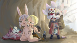Rule 34 | 1boy, 1other, 2girls, absurdres, animal ears, backpack, bag, blonde hair, brown hair, cave, cheek-to-cheek, claws, cloak, completely nude, covering another&#039;s eyes, covering own mouth, dark-skinned female, dark skin, electric razor, extra arms, extra tails, faputa, furry, glasses, green eyes, grey hair, hair clipper, hand on another&#039;s waist, heads together, highres, horizontal pupils, looking at another, m kyo, made in abyss, mechanical arms, meinya (made in abyss), monster girl, multiple girls, nanachi (made in abyss), navel, nude, rabbit ears, regu (made in abyss), riko (made in abyss), short hair, sitting, sitting on head, sitting on person, stomach, unworn clothes, whiskers, white hair, yellow eyes