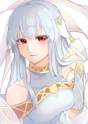 Rule 34 | 1girl, blue hair, fire emblem, fire emblem: the blazing blade, hair ornament, highres, long hair, nakabayashi zun, ninian, nintendo, parted lips, red eyes, simple background, sleeveless, solo, upper body, white background