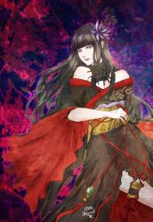 Rule 34 | 1girl, abstract background, artist name, bare shoulders, bat hair ornament, black collar, black hair, black kimono, blunt bangs, collar, copyright name, cowboy shot, epiphyllum, expressionless, final fantasy, final fantasy xiv, floating hair, flower, grey eyes, hair flower, hair ornament, hair stick, hyur, inrou, japanese clothes, kimono, lace collar, long hair, looking at viewer, mole, mole under mouth, obi, obiage, obijime, off shoulder, outline, pink background, pink outline, red trim, ruka (blueplus84), sash, signature, solo, straight hair, two-tone background, yotsuyu goe brutus
