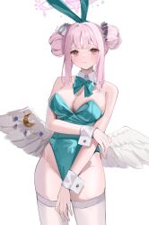 Rule 34 | 1girl, angel wings, animal ears, blue archive, blush, bow, bowtie, breasts, closed mouth, commentary request, cowboy shot, crescent, crescent pin, detached collar, double bun, fake animal ears, feathered wings, green bow, green bowtie, green leotard, hair bun, halo, large breasts, leotard, long hair, looking at viewer, mika (blue archive), nephthys2356, pink hair, pink halo, rabbit ears, simple background, solo, strapless, strapless leotard, thighhighs, white background, white thighhighs, white wings, wing decorations, wings, yellow eyes