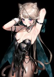 Rule 34 | 1girl, animal ears, areola slip, arm strap, armpits, arms up, bare shoulders, black background, black leotard, breasts, cat ears, cat tail, commentary, cowboy shot, genshin impact, grey hair, highres, hominamia, leather, leotard, long hair, looking at viewer, lynette (genshin impact), medium breasts, pantyhose, purple eyes, simple background, solo, standing, tail, thighs, very long hair