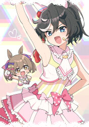 Rule 34 | + +, 2girls, alternate costume, animal ears, armpits, bare shoulders, black hair, blue eyes, bow, brown eyes, brown hair, chibi, collared shirt, commentary request, cowboy shot, cropped shirt, ear covers, frilled skirt, frills, gloves, hair between eyes, hair ornament, hand on own hip, highres, horse ears, katsuragi ace (umamusume), medium hair, microphone, multicolored background, multiple girls, necktie, open mouth, pink bow, pink skirt, pleated skirt, polka dot, polka dot bow, ponytail, prtn (ttnx), shirt, skirt, sleeveless, sleeveless shirt, smart falcon (umamusume), smile, tassel, tassel hair ornament, twintails, umamusume, v-shaped eyebrows, white gloves, white necktie