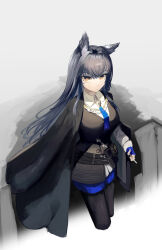 1girl absurdres animal_ears arknights black_jacket black_pantyhose black_vest blue_gloves blue_necktie blue_shorts breasts cigarette collared_shirt cropped_legs dress_shirt fingerless_gloves gloves highres holding holding_cigarette jacket jacket_on_shoulders long_hair long_sleeves looking_at_viewer medium_breasts necktie nero_(nero_nyam) pantyhose pantyhose_under_shorts shirt shorts simple_background solo suit_jacket texas_(arknights) texas_the_omertosa_(arknights) vest white_background white_shirt wolf_ears wolf_girl yellow_eyes