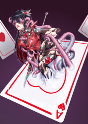 Rule 34 | 1girl, absurdres, ace (playing card), ace of hearts, ahegao, black hair, blindfold, bodysuit, bzs (kage no shinobu), covered erect nipples, elbow gloves, fucked silly, gloves, heart, highres, long hair, looking at viewer, mecha musume, mechanical tentacles, orgasm, original, playing card, restrained, skin tight, solo, tentacle sex, tentacles, tentacles under clothes, tongue, tongue out, torn clothes, trumpart (monster girl encyclopedia)