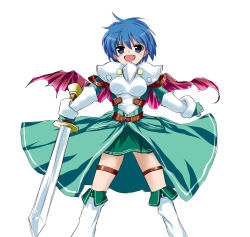 Rule 34 | armor, belt, blue eyes, blue hair, boots, cape, fang, gauntlets, long coat, miniskirt, open mouth, phyllis (sennen sensou aigis), sennen sensou aigis, short hair, skirt, solo, suimii, sword, weapon, white background