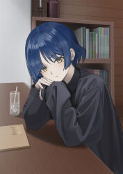 Rule 34 | 1girl, absurdres, bad id, bad pixiv id, black shirt, blue hair, bocchi the rock!, bookshelf, closed mouth, elbow rest, from side, glass, highres, kit, long sleeves, looking at viewer, mole, mole under eye, notebook, pov across table, shirt, short hair, solo, upper body, yamada ryo, yellow eyes