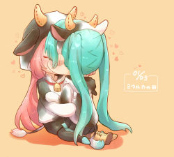 Rule 34 | 2girls, animal costume, animal print, aqua hair, chibi, chinese zodiac, commentary, cow costume, cow hood, cow horns, cow print, cow tail, dated, closed eyes, hatsune miku, heart, highres, horns, kiss, long hair, megurine luka, mochityoko, multiple girls, neck bell, on lap, orange background, pink hair, tail, twintails, very long hair, vocaloid, year of the ox, yuri