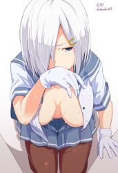 Rule 34 | 10s, 1boy, 1girl, aftersex, blouse, blue eyes, blue skirt, breasts, gloves, grey hair, hair ornament, hair over one eye, hairclip, hamakaze (kancolle), hand on another&#039;s thigh, kantai collection, kichihachi, kneeling, large breasts, open clothes, open shirt, pantyhose, pleated skirt, school uniform, serafuku, shirt, short hair, skirt, solo focus, spread legs, white gloves, wiping mouth