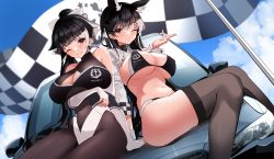 Rule 34 | 2girls, absurdres, animal ears, atago (azur lane), atago (stunning speedster) (azur lane), azur lane, bikini, black bikini, black hair, black leotard, blowing kiss, bmw 3 series, bmw m3, breasts, brown eyes, cleavage cutout, clothing cutout, cropped jacket, fingerless gloves, gloves, highres, jacket, large breasts, leotard, long hair, long sleeves, looking at viewer, multiple girls, official alternate costume, on vehicle, one eye closed, outdoors, pantyhose, ponytail, race queen, sidelocks, sitting, smile, swimsuit, takao (azur lane), takao (full throttle charmer) (azur lane), thighhighs, umbrella, underbust, vehicle request, white jacket, yamaha tsui