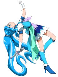 Rule 34 | 1girl, absurdres, blue eyes, blue footwear, blue hair, blue jacket, blue legwear, colored eyelashes, cure fontaine, ebura din, from side, full body, gloves, healin&#039; good precure, high heels, highres, holding, jacket, long hair, miniskirt, parted lips, pegitan (precure), precure, profile, short sleeves, simple background, skirt, solo, twintails, very long hair, white background, white gloves, white skirt, white sleeves