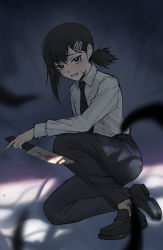 Rule 34 | absurdres, bilibilida, black eyes, black footwear, black hair, black neckwear, blood, blood on clothes, bloody knife, blurry, blurry background, blurry foreground, blush, chainsaw man, fingernails, hair between eyes, hair ornament, hairclip, higashiyama kobeni, highres, holding, holding knife, holding weapon, knife, light particles, lower teeth only, medium hair, mole, mole under eye, mole under mouth, monster, necktie, open mouth, ponytail, solo focus, sweat, teeth, tentacles, weapon