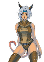 Rule 34 | 00s, 1girl, animal ears, breasts, cameltoe, cat ears, cat tail, final fantasy, final fantasy xi, grey hair, mithra (ff11), red eyes, simple background, solo, tail, thighhighs