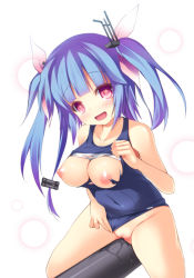 Rule 34 | 10s, 1girl, blue hair, blush, breasts, hair ornament, hair ribbon, i-19 (kancolle), kantai collection, long hair, nipples, open mouth, personification, pussy, pussy juice, red eyes, ribbon, safi, school swimsuit, solo, swimsuit, symbol-shaped pupils, torn clothes, torpedo, twintails, uncensored