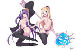 Rule 34 | 2girls, abigail williams (fate), absurdres, animal hood, arm up, armor, armpits, ass, bandaid, bandaid on face, bandaid on forehead, bikini, bikini bottom only, black bikini, black bow, black jacket, black legwear, blonde hair, blue bow, blue eyes, bow, breasts, closed mouth, collarbone, crossed bandaids, fate/grand order, fate (series), forehead, greaves, hair between eyes, hair bow, hair bun, highres, hood, jacket, key, legs, long hair, long sleeves, looking at viewer, meltryllis, meltryllis (fate), meltryllis (swimsuit lancer) (fate), meltryllis (swimsuit lancer) (first ascension) (fate), multiple girls, navel, nipples, open clothes, open jacket, open mouth, orange bow, parted bangs, penguin hood, polka dot, polka dot bow, prosthesis, prosthetic leg, purple hair, sato art, simple background, single hair bun, sleeves past fingers, sleeves past wrists, small breasts, smile, staff, swimsuit, thighhighs, thighs, topless, very long hair, white background