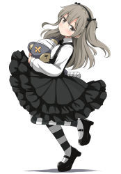 Rule 34 | 1girl, aikawa ryou, black bow, black footwear, black hairband, black skirt, blouse, blush, boko (girls und panzer), bow, brown eyes, brown hair, closed mouth, commentary request, frilled skirt, frills, from side, full body, girls und panzer, hair bow, hairband, high heels, highres, hugging object, long hair, long sleeves, looking at viewer, looking to the side, mary janes, one side up, pantyhose, shadow, shimada arisu, shirt, shoes, skirt, sleeves past wrists, solo, standing, standing on one leg, striped clothes, striped pantyhose, stuffed animal, stuffed toy, suspender skirt, suspenders, teddy bear, tiptoes, white background, white shirt