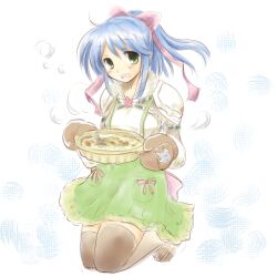 Rule 34 | ahoge, armor, baking, blue hair, bow, breastplate, commentary request, exp mochi, green eyes, green skirt, holding, oven mitts, pink bow, pink ribbon, ponytail, ragnarok online, ribbon, shoulder armor, sidelocks, skirt, spica parfait, star (symbol), strong stars story, thighhighs, white background
