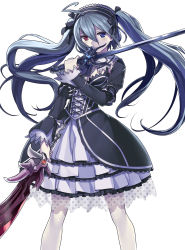 Rule 34 | 1girl, absurdres, ahoge, blue eyes, blue hair, detached sleeves, dragon maker, dress, dual wielding, gaou (umaiyo puyoman), gothic lolita, hairband, heterochromia, highres, holding, lolita fashion, lolita hairband, long hair, looking at viewer, matching hair/eyes, pale skin, pantyhose, red eyes, simple background, solo, sword, twintails, weapon, white background, white pantyhose