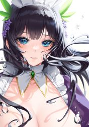 Rule 34 | 1girl, absurdres, black hair, blue eyes, breasts, cleavage, highres, large breasts, last origin, maid headdress, oberonia rhea, simple background, smile, solo, teddyellow, white background