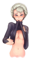 Rule 34 | 1girl, blue eyes, blush, breasts, clothes lift, elsa (frozen), frozen (disney), looking at viewer, mouth hold, murai shinobu, navel, shirt lift, silver hair, solo, turtleneck, underboob