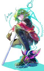 Rule 34 | 1boy, androgynous, bae (baebae), black footwear, black gloves, black pants, black shirt, character name, earrings, from below, full body, gloves, green hair, highres, holding, holding polearm, holding weapon, jacket, jewelry, knee pads, lio fotia, male focus, pants, polearm, promare, red jacket, shirt, short hair, single earring, solo, squatting, weapon