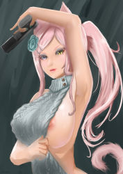 Rule 34 | &gt;:d, 1girl, :d, animal ears, arm up, armpits, bare arms, bare shoulders, blue eyes, blue nails, breasts, cat, cat ears, cat tail, gun, hair ornament, hairclip, hairpin, handgun, heterochromia, highres, holding, holding gun, holding weapon, large breasts, lips, long hair, nail polish, nipple slip, nipples, open mouth, original, parted lips, pink hair, pinky out, pistol, shiny skin, sidelocks, slit pupils, smile, solo, sweater vest, tail, tokei (aomr-hrsk), upper body, v-shaped eyebrows, weapon, yellow eyes