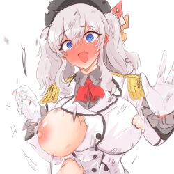 Rule 34 | @ @, beret, black hat, blush, breasts, collared shirt, embarrassed, epaulettes, fang, full-face blush, gloves, grey hair, grey shirt, hair between eyes, hands up, hat, highres, jacket, kantai collection, kashima (kancolle), large breasts, long bangs, long hair, military, military jacket, military uniform, neckerchief, nipples, one breast out, open mouth, red neckerchief, shiming liangjing, shirt, sidelocks, tearing up, torn clothes, torn gloves, torn hat, torn jacket, twintails, uniform, wavy hair, white background, white gloves, white jacket