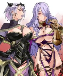 Rule 34 | 2girls, armor, black armor, breasts, camilla (fire emblem), cape, cleavage, cosplay, costume switch, fire emblem, fire emblem fates, gauntlets, hair over one eye, highres, huge breasts, isabella valentine, kenshin187, large breasts, lips, lipstick, long hair, makeup, multiple girls, nintendo, pauldrons, purple eyes, purple hair, purple lips, revealing clothes, short hair, shoulder armor, single gauntlet, sitting, sitting on person, smile, soul calibur, tiara, underboob, very long hair, wavy hair, weapon, whip sword, white hair