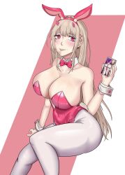 Rule 34 | 1girl, absurdres, animal ears, blonde hair, bow, bowtie, breasts, fake animal ears, goddess of victory: nikke, highres, holding, holding phone, large breasts, leotard, long hair, mypoisonmilk, official alternate costume, phone, pink bow, pink eyes, pink leotard, playboy bunny, rabbit, rabbit ears, rabbit tail, simple background, smile, tail, very long hair, white background
