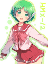 Rule 34 | 1girl, :d, blush, bow, bowtie, character name, duke (inu daimyou), green eyes, green hair, green outline, long sleeves, looking at viewer, multi (to heart), open mouth, outline, pink bow, pink bowtie, red sailor collar, red skirt, robot ears, sailor collar, shirt, short hair, skirt, smile, solo, to heart, to heart (series), white background, white shirt
