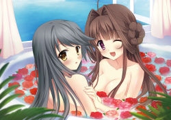 Rule 34 | absurdres, ahoge, bath, bathing, black hair, blurry, blurry foreground, blush, breasts, brown hair, commentary request, curtains, double bun, flower, hair between eyes, hair bun, hair intakes, haruna (kancolle), highres, holding person, kantai collection, kayura yuka, kongou (kancolle), leaf, long hair, looking at viewer, looking back, medium breasts, nude, ocean, one eye closed, open mouth, open window, partially submerged, purple eyes, rose, sidelocks, smile, swept bangs, window, yellow eyes