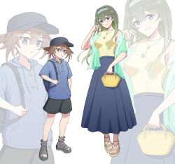 Rule 34 | 2girls, absurdres, alternate costume, bag, blue eyes, blue sky, brown hair, casual, duel monster, exosister irene, exosister sophia, green hair, hairband, hand in pocket, hat, head tilt, height difference, highres, holding, holding bag, hood, hoodie, jacket, jewelry, kyrion, long hair, long skirt, medium hair, multiple girls, necklace, open clothes, open jacket, see-through, see-through jacket, short sleeves, skirt, sky, sleeveless, sleeveless sweater, smile, sweater, toeless footwear, yellow sweater, yu-gi-oh!
