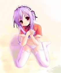Rule 34 | 00s, akamaru, aria (sister princess), blue panties, blush, drill hair, flapper shirt, hairband, half-shirt, headdress, kneeling, lolita hairband, midriff, own hands clasped, own hands together, panties, purple hair, red eyes, shirt, sister princess, sitting, smile, solo, striped clothes, striped panties, thighhighs, underwear, wariza, white thighhighs