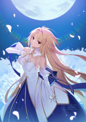 Rule 34 | 1girl, archetype earth, arcueid brunestud, bare shoulders, blonde hair, blue skirt, blush, breasts, cleavage, detached collar, detached sleeves, dress, field, flower, flower field, full moon, gloves, gogatsu fukuin, highres, large breasts, layered skirt, long hair, long skirt, looking at viewer, moon, night, night sky, petals, red eyes, skirt, sky, smile, solo, tsukihime, very long hair, white dress, white gloves