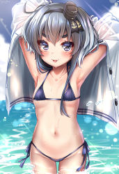 Rule 34 | 1girl, absurdres, anchor symbol, arms up, bikini, black bikini, black hair, blue sky, brown eyes, cloud, collarbone, commentary request, cowboy shot, day, flat chest, front-tie top, gradient hair, hat, highres, kantai collection, light rays, looking at viewer, mini hat, miniskirt, multicolored hair, navel, open clothes, outdoors, short hair, short hair with long locks, side-tie bikini bottom, sidelocks, skirt, sky, soaking feet, solo, standing, sunbeam, sunlight, swimsuit, tokitsukaze (kancolle), tongue, tongue out, wading, water, yufukiri