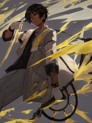 Rule 34 | 1boy, aito, arknights, arm up, black hair, black shirt, coat, commentary request, dark skin, dark-skinned male, earrings, energy, feet out of frame, gloves, highres, holding, holding sword, holding weapon, jewelry, lab coat, leaning back, male focus, pants, serious, shirt, short hair, sleeves rolled up, solo, sword, symbol-shaped pupils, test tube, thorns (arknights), weapon, white coat, white gloves, white pants, yellow eyes