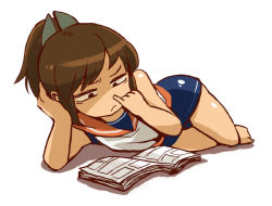 Rule 34 | 10s, 1girl, annoyed, bad id, bad pixiv id, book, brown eyes, brown hair, i-401 (kancolle), kantai collection, mizuno (okn66), nose picking, ponytail, solo, swimsuit, tan