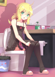 Rule 34 | 1girl, ahoge, black panties, black thighhighs, blonde hair, bra, breasts, drawing (object), female focus, flower ornament, frilled thighhighs, frills, green eyes, highres, lingerie, long hair, mirror, open mouth, original, panties, panty pull, pee, peeing, picture frame, polka dot, polka dot bra, pussy, see-through, shadow, sitting, slippers, small breasts, soap, solo, sonikey0 0, thighhighs, toilet, toilet paper, toilet use, trash can, uncensored, underwear