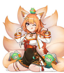 Rule 34 | ;), animal ears, bails, breasts, collar, eight-tailed fox nari, fox ears, fox girl, fox tail, grey eyes, guardian tales, hair ornament, korean clothes, long hair, looking at viewer, mayreel (guardian tales), medium breasts, multiple tails, one eye closed, orange hair, sitting, smile, solo, tail, white background