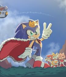Rule 34 | 2girls, 4boys, amy rose, animal ears, animal nose, birthday cake, boots, cake, cape, commentary, crossed arms, crown, day, dr. eggman, dress, egg mobile, english commentary, food, fox boy, fox tail, full body, furry, furry female, furry male, gloves, green eyes, grin, hairband, highres, holding, holding food, karl0, knuckles the echidna, looking at viewer, multiple boys, multiple girls, multiple tails, outdoors, red cape, red dress, red footwear, red hairband, sage (sonic), shoes, smile, sonic (series), sonic the hedgehog, standing, tail, tails (sonic), two tails, v, white gloves