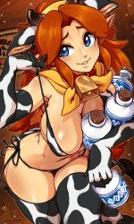 Rule 34 | 1girl, aged up, alternate breast size, animal collar, animal ears, animal print, bell, bent over, bikini, blue eyes, bottle, breasts, brown hair, cleavage, collar, commentary, cow ears, cow horns, cow print, cow tail, cowbell, elbow gloves, english commentary, fake horns, fake tail, gloves, hairband, highres, holding, horns, large breasts, long hair, looking away, malon, merunyaa, micro bikini, milk bottle, neck bell, neckerchief, nintendo, pointy ears, print bikini, print gloves, print thighhighs, pulling own clothes, red collar, side-tie bikini bottom, solo, spaghetti strap, sparkle, strap pull, swimsuit, tail, the legend of zelda, the legend of zelda: ocarina of time, thighhighs, yellow hairband, yellow neckerchief