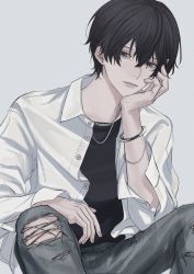 Rule 34 | 1boy, absurdres, aromaflower0, bishounen, black eyes, black hair, black shirt, closed mouth, collared shirt, commentary request, denim, hair between eyes, hand on own cheek, hand on own face, head rest, highres, jeans, jewelry, looking at viewer, male focus, necklace, original, pants, shirt, simple background, sitting, solo, torn, torn clothes, torn jeans, torn pants