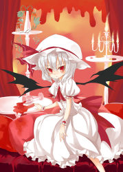 Rule 34 | 1girl, bat wings, blood, candle, candlestand, dress, female focus, flower, futaki nia, glass, hat, pillow, plant, pool of blood, red eyes, red flower, red rose, remilia scarlet, rose, silver hair, sitting, solo, sooki, spilling, table, touhou, vines, white dress, wings