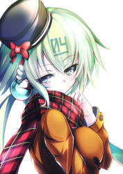 Rule 34 | 1girl, android, black hat, blue eyes, bombergirl, bow, braid, bright pupils, closed mouth, emera (bombergirl), eyes visible through hair, hand up, hat, hat bow, light green hair, long hair, long sleeves, omochishiki, plaid, plaid scarf, red bow, robot ears, scarf, solo, white pupils