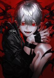 1boy black_jacket bound claws ear_piercing eyelashes fang fingernails glowing glowing_eyes grey_hair hair_between_eyes highres jacket k041800 kuzuha_(nijisanji) looking_at_viewer male_focus nail_polish nijisanji open_mouth piercing pointy_ears red_background red_eyes short_hair solo squatting tape tape_bondage teeth tongue virtual_youtuber zipper