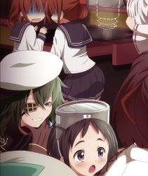 Rule 34 | 10s, 6+girls, black hair, brown hair, diving mask, diving mask on head, eyepatch, fang, folded ponytail, goggles, goggles on head, green hair, grin, hat, highres, ikazuchi (kancolle), inazuma (kancolle), kantai collection, kiso (kancolle), maru-yu (kancolle), matanonki, multiple girls, open mouth, personification, scared, school swimsuit, school uniform, serafuku, short hair, smile, swimsuit, wavy mouth