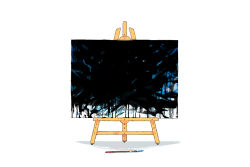 Rule 34 | aimf, artist name, canvas (object), easel, english text, no humans, original, paint splatter, paintbrush, painting (object), signature, simple background, still life, white background