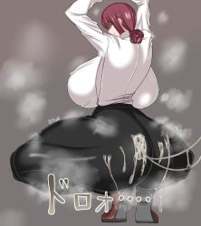 Rule 34 | 1girl, arms up, ass, backboob, black pants, braid, breasts, chainsaw man, cum, cum on ass, from behind, grey background, highres, huge ass, huge breasts, hyperomizu, japanese text, looking back, makima (chainsaw man), pants, red hair, shirt, shoes, solo, squatting, steam, thick thighs, thighs, tight clothes, tight pants, white shirt, yellow eyes